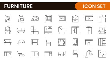Mobilyalar ve ev içi elementler - ince çizgi ağ simgesi seti. Mutfak, oturma odası, yatak odası ve ofis koleksiyonu..