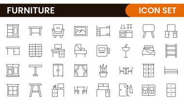 Mobilyalar ve ev içi elementler - ince çizgi ağ simgesi seti. Mutfak, oturma odası, yatak odası ve ofis koleksiyonu..
