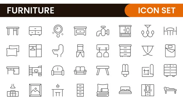 stock vector Furniture and home interior elements - thin line web icon set. Outline icons of kitchen, living room, bedroom and office collection.