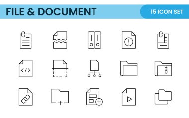 Belge taslak simgeleri. Belge simgesi ayarlandı. Belge, dosya, mesaj ve güvenlikle ilgili simge dizileri. Doğrusal simge koleksiyonu.