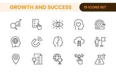 Büyüme ve Başarı modern taslak biçim simgeleri seti. Başarılı iş geliştirme, plan ve süreç sembolü illüstrasyonu.