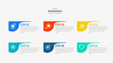 Altı Adım, seçenek, parça ya da süreç için ticari bilgi grafikleri tasarımı. Sunum için Infographic 6 element tasarım şablonu. işlem diyagramı, adım pankartı, akış şeması, 6 seçenek şablonu.