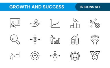 Büyüme ve Başarı modern taslak biçim simgeleri seti. Başarılı iş geliştirme, plan ve süreç sembolü illüstrasyonu.