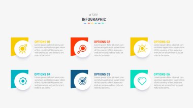 Altı Adım, seçenek, parça ya da süreç için ticari bilgi grafikleri tasarımı. Sunum için Infographic 6 element tasarım şablonu. işlem diyagramı, adım pankartı, akış şeması, 6 seçenek şablonu.