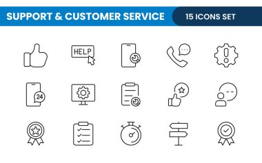 Destek ve müşteri hizmetleri ana hatları modern simgeler seti. Müşteri Geribildirimi, Tepki, deneyim, yardım hattı ve teknik destek ikonu illüstrasyonu