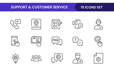 Destek ve müşteri hizmetleri ana hatları modern simgeler seti. Müşteri Geribildirimi, Tepki, deneyim, yardım hattı ve teknik destek ikonu illüstrasyonu