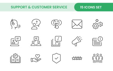 Destek ve müşteri hizmetleri ana hatları modern simgeler seti. Müşteri Geribildirimi, Tepki, deneyim, yardım hattı ve teknik destek ikonu illüstrasyonu