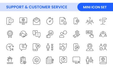 Destek ve müşteri hizmetleri ana hatları modern simgeler seti. Müşteri Geribildirimi, Tepki, deneyim, yardım hattı ve teknik destek ikonu illüstrasyonu