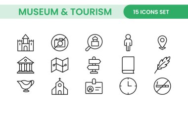 Müze ve Turizm modern ikon setini özetliyor. düzenlenebilir satır simgesi çizimi.