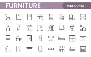 Mobilyalar ve ev içi elementler - ince çizgi ağ simgesi seti. Mutfak, oturma odası, yatak odası ve ofis koleksiyonu..