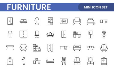 Mobilyalar ve ev içi elementler - ince çizgi ağ simgesi seti. Mutfak, oturma odası, yatak odası ve ofis koleksiyonu..