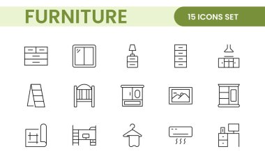 Mobilyalar ve ev içi elementler - ince çizgi ağ simgesi seti. Mutfak, oturma odası, yatak odası ve ofis koleksiyonu..