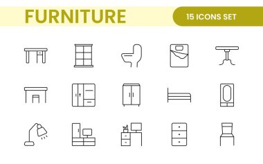 Mobilyalar ve ev içi elementler - ince çizgi ağ simgesi seti. Mutfak, oturma odası, yatak odası ve ofis koleksiyonu..