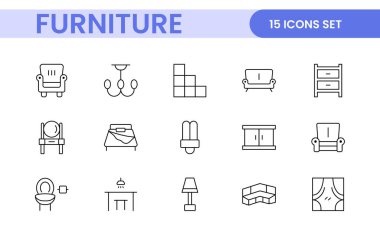Mobilyalar ve ev içi elementler - ince çizgi ağ simgesi seti. Mutfak, oturma odası, yatak odası ve ofis koleksiyonu..