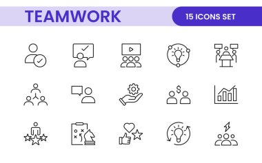 Takım çalışması doğrusal simge koleksiyonu. Birlikte çalışan uzay simgeleri seti. İş takım çalışması, takım oluşturma, çalışma grubu ve insan kaynakları minimal ince çizgi web simgesi seti.