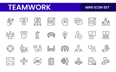 Takım çalışması doğrusal simge koleksiyonu. Birlikte çalışan uzay simgeleri seti. İş takım çalışması, takım oluşturma, çalışma grubu ve insan kaynakları minimal ince çizgi web simgesi seti.