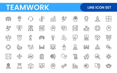 Takım çalışması doğrusal simge koleksiyonu. Birlikte çalışan uzay simgeleri seti. İş takım çalışması, takım oluşturma, çalışma grubu ve insan kaynakları minimal ince çizgi web simgesi seti.