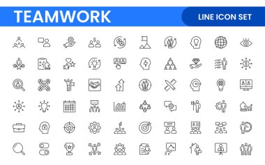 Takım çalışması doğrusal simge koleksiyonu. Birlikte çalışan uzay simgeleri seti. İş takım çalışması, takım oluşturma, çalışma grubu ve insan kaynakları minimal ince çizgi web simgesi seti.