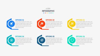 Altı Adım, seçenek, parça ya da süreç için ticari bilgi grafikleri tasarımı. Sunum için Infographic 6 element tasarım şablonu. işlem diyagramı, adım pankartı, akış şeması, 6 seçenek şablonu.