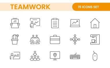 Takım çalışması doğrusal simge koleksiyonu. Birlikte çalışan uzay simgeleri seti. İş takım çalışması, takım oluşturma, çalışma grubu ve insan kaynakları minimal ince çizgi web simgesi seti.
