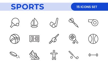 Spor ve açık hava aktiviteleri çizgisi simgesi seti. Açık hava sporlarıyla ilgili taslak simge koleksiyonu.