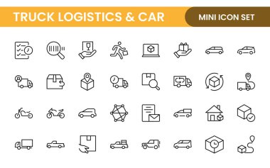 Kamyon Lojistik ve Araba bağlantılı modern ikon seti. Ulaşım satırı düzenlenebilir resim koleksiyonu