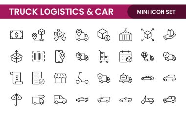 Kamyon Lojistik ve Araba bağlantılı modern ikon seti. Ulaşım satırı düzenlenebilir resim koleksiyonu