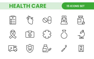 Sağlık, Tıp ve Tıp 'la ilgili düzenlenebilir satır simgesi seti. modern simge illüstrasyon koleksiyonu.