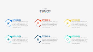 Altı Adım, seçenek, parça ya da süreç için ticari bilgi grafikleri tasarımı. Sunum için Infographic 6 element tasarım şablonu. işlem diyagramı, adım pankartı, akış şeması, 6 seçenek şablonu.