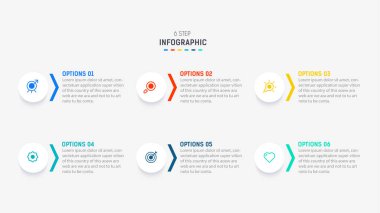 Altı Adım, seçenek, parça ya da süreç için ticari bilgi grafikleri tasarımı. Sunum için Infographic 6 element tasarım şablonu. işlem diyagramı, adım pankartı, akış şeması, 6 seçenek şablonu.