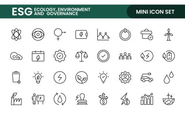 ESG düz çizgi simgesi seti. Ekoloji, çevre sosyal yönetimi, risk yönetimi, sürdürülebilir geliştiriciler ve daha fazlası ile ilgili ana simge koleksiyonu.