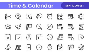 Zaman, saat ve takvimle ilgili satır simgesi seti. modern satır simgesi resimleme koleksiyonu