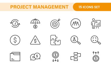Proje Yönetimi web simgeleri hizada. Zamanlama, insan kaynakları, yönetim, geliştirme, planlama ve daha fazlası ile ilgili ana simge koleksiyonu.