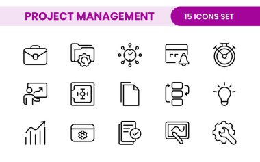 Proje Yönetimi web simgeleri hizada. Zamanlama, insan kaynakları, yönetim, geliştirme, planlama ve daha fazlası ile ilgili ana simge koleksiyonu.
