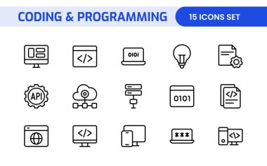 Web simgelerinin kodlama seti satır biçiminde programlanıyor. Web ve mobil uygulama için yazılım geliştirme simgeleri. Kod, api, programcı, geliştirici, bilgi teknolojisi, kodlayıcı ve daha fazlası.