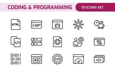 Web simgelerinin kodlama seti satır biçiminde programlanıyor. Web ve mobil uygulama için yazılım geliştirme simgeleri. Kod, api, programcı, geliştirici, bilgi teknolojisi, kodlayıcı ve daha fazlası.