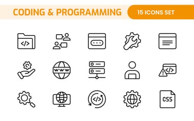 Web simgelerinin kodlama seti satır biçiminde programlanıyor. Web ve mobil uygulama için yazılım geliştirme simgeleri. Kod, api, programcı, geliştirici, bilgi teknolojisi, kodlayıcı ve daha fazlası.