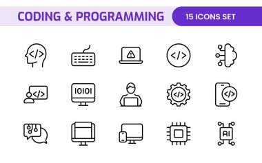 Web simgelerinin kodlama seti satır biçiminde programlanıyor. Web ve mobil uygulama için yazılım geliştirme simgeleri. Kod, api, programcı, geliştirici, bilgi teknolojisi, kodlayıcı ve daha fazlası.