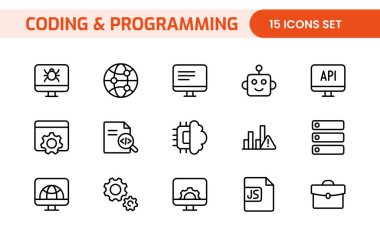 Web simgelerinin kodlama seti satır biçiminde programlanıyor. Web ve mobil uygulama için yazılım geliştirme simgeleri. Kod, api, programcı, geliştirici, bilgi teknolojisi, kodlayıcı ve daha fazlası.