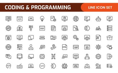 Web simgelerinin kodlama seti satır biçiminde programlanıyor. Web ve mobil uygulama için yazılım geliştirme simgeleri. Kod, api, programcı, geliştirici, bilgi teknolojisi, kodlayıcı ve daha fazlası.