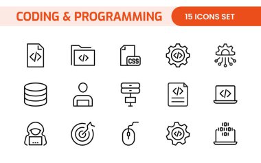 Web simgelerinin kodlama seti satır biçiminde programlanıyor. Web ve mobil uygulama için yazılım geliştirme simgeleri. Kod, api, programcı, geliştirici, bilgi teknolojisi, kodlayıcı ve daha fazlası.