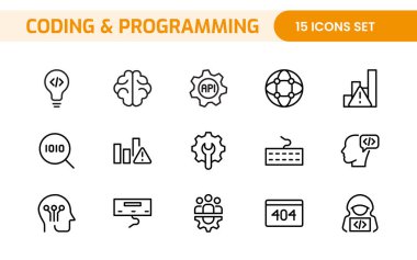 Web simgelerinin kodlama seti satır biçiminde programlanıyor. Web ve mobil uygulama için yazılım geliştirme simgeleri. Kod, api, programcı, geliştirici, bilgi teknolojisi, kodlayıcı ve daha fazlası.