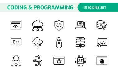 Web simgelerinin kodlama seti satır biçiminde programlanıyor. Web ve mobil uygulama için yazılım geliştirme simgeleri. Kod, api, programcı, geliştirici, bilgi teknolojisi, kodlayıcı ve daha fazlası.