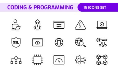 Web simgelerinin kodlama seti satır biçiminde programlanıyor. Web ve mobil uygulama için yazılım geliştirme simgeleri. Kod, api, programcı, geliştirici, bilgi teknolojisi, kodlayıcı ve daha fazlası.