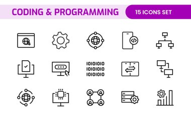 Web simgelerinin kodlama seti satır biçiminde programlanıyor. Web ve mobil uygulama için yazılım geliştirme simgeleri. Kod, api, programcı, geliştirici, bilgi teknolojisi, kodlayıcı ve daha fazlası.
