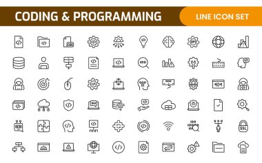 Web simgelerinin kodlama seti satır biçiminde programlanıyor. Web ve mobil uygulama için yazılım geliştirme simgeleri. Kod, api, programcı, geliştirici, bilgi teknolojisi, kodlayıcı ve daha fazlası.