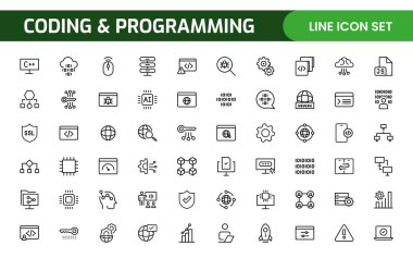 Web simgelerinin kodlama seti satır biçiminde programlanıyor. Web ve mobil uygulama için yazılım geliştirme simgeleri. Kod, api, programcı, geliştirici, bilgi teknolojisi, kodlayıcı ve daha fazlası.