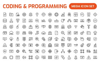 Web simgelerinin kodlama seti satır biçiminde programlanıyor. Web ve mobil uygulama için yazılım geliştirme simgeleri. Kod, api, programcı, geliştirici, bilgi teknolojisi, kodlayıcı ve daha fazlası.