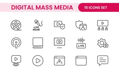 Kütle medya ana hatları vektör simgeleri beyaz arkaplanda izole edilmiş büyük bir set. Medya işi konsepti. Ortam ana hatları simgeleri ayarlandı.