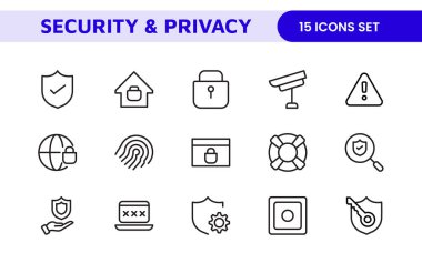 Güvenlik web simgelerini hizaya sokun. Güvenlik, siber güvenlik, şifre, akıllı ev, güvenlik, veri koruması, anahtar, kalkan, kilit açma, göz erişimi. Güvenlik ana hatları simgesi ayarlandı.